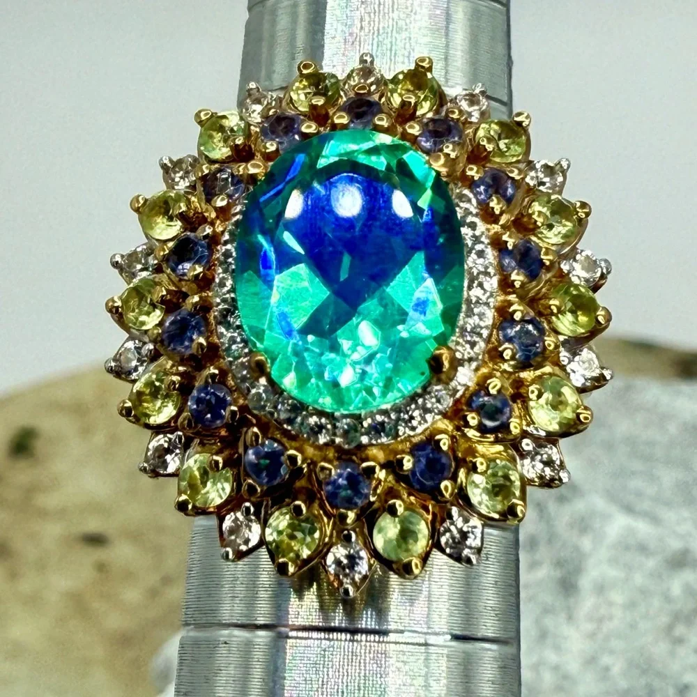 NWT Peacock Quartz Multi-Gem Dahlia Floral Ring Vermeil Gold over 925 4.15ctw